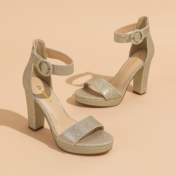 Amoji Women Glitter-gold Faux Suede Open Toe High Heel Chunky Platform Sandals - Picture 6 of 8